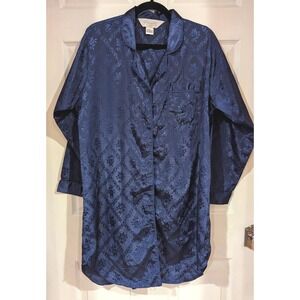 Liz Banks Intimates Sleep Shirt‎ M Navy Blue Damask Floral Satin Button Nightie